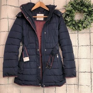 Tommy Hilfiger Women's Faux-Fur-Trim Hooded Puffer Coat Jacket Navy Blue